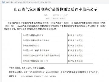 山西雷電防護裝置檢測資質評審結果公示,3家單位升甲級資質!