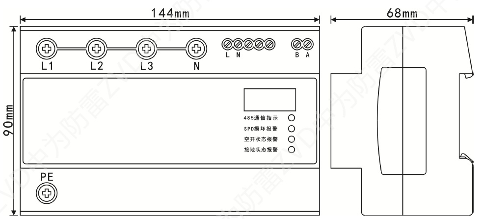 三相智能浪涌保護器尺寸圖 三相智能電源防雷器(SPD+監(jiān)測模塊一體化設(shè)計)