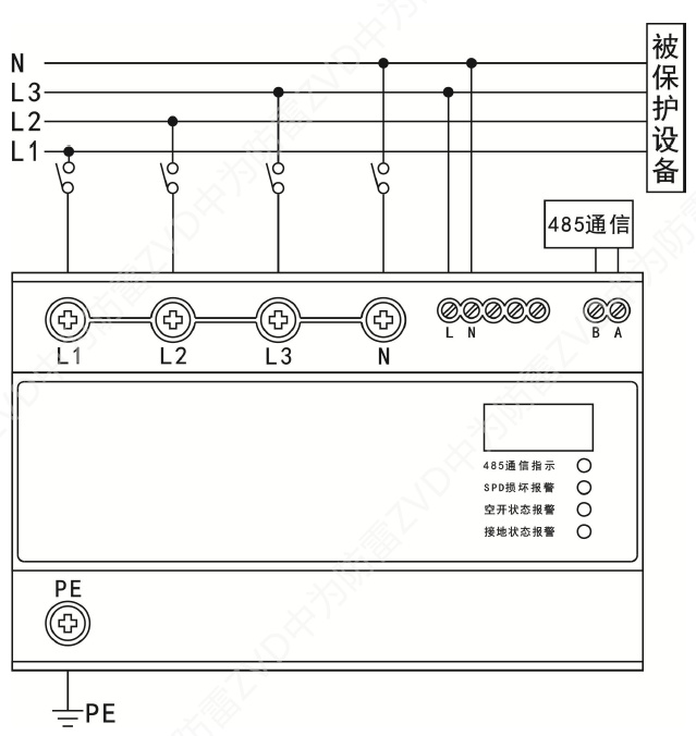 三相智能SPD電源浪涌防雷器接線圖 三相智能電源防雷器(SPD+監(jiān)測模塊一體化設(shè)計)